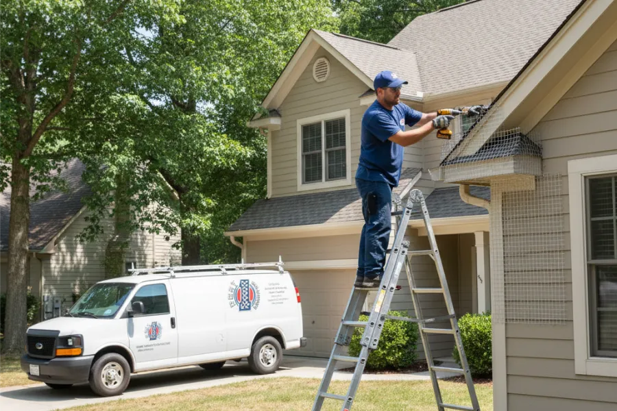 Worker installing wire mesh on house exterior using drill while standing on ladder in residential area
